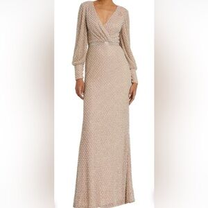 Mac Duggal Pearl Embellished Gown dress in beige Gold and Silver